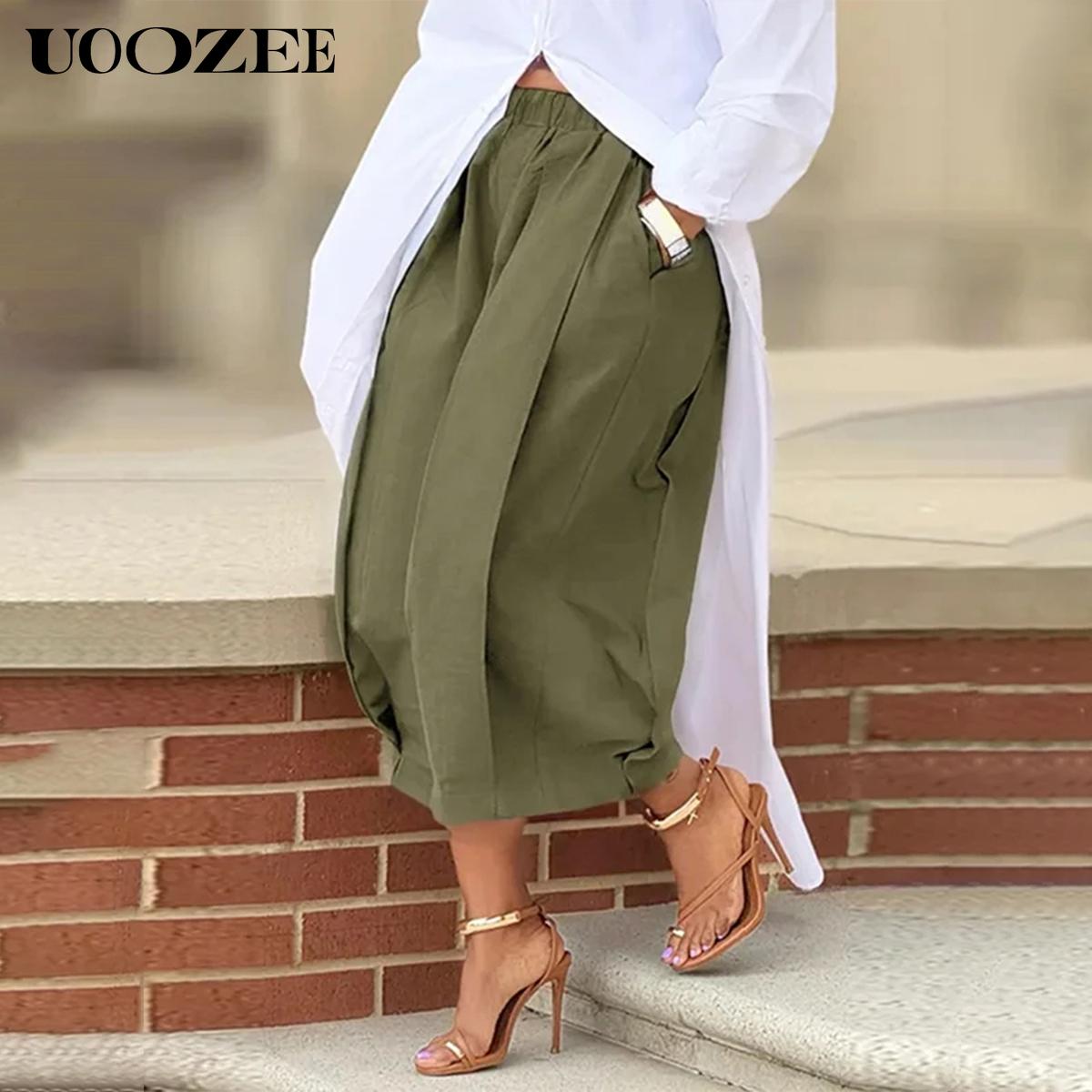 UOOZEE Women's Khaki Loose Multicolor Cropped&Long Trousers 100% Cotton Soft Summer&Autumn/Winter Comfortable Breathable Fabric Elastic Waistband Lantern Pants with Pockets Casual Style Bottoms Outfit Minimalist Spring Basic teacher outfits