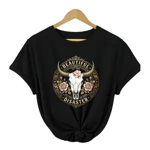 Vintage Bull Skull Graphic Tee – Beautiful Disaster Design with Floral Touch