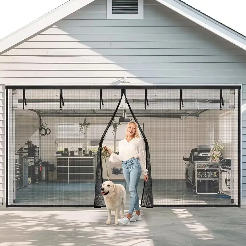 16x7FT Heavy-Duty Fiberglass Magnetic Garage Screen Doors Kit for 2-Car Garages, Retractable, Weighted Bottom, Easy Installation, Hands-Free Passage, Wind-Resistant, Gravity Sticks, Straps at Top for Back Entryways