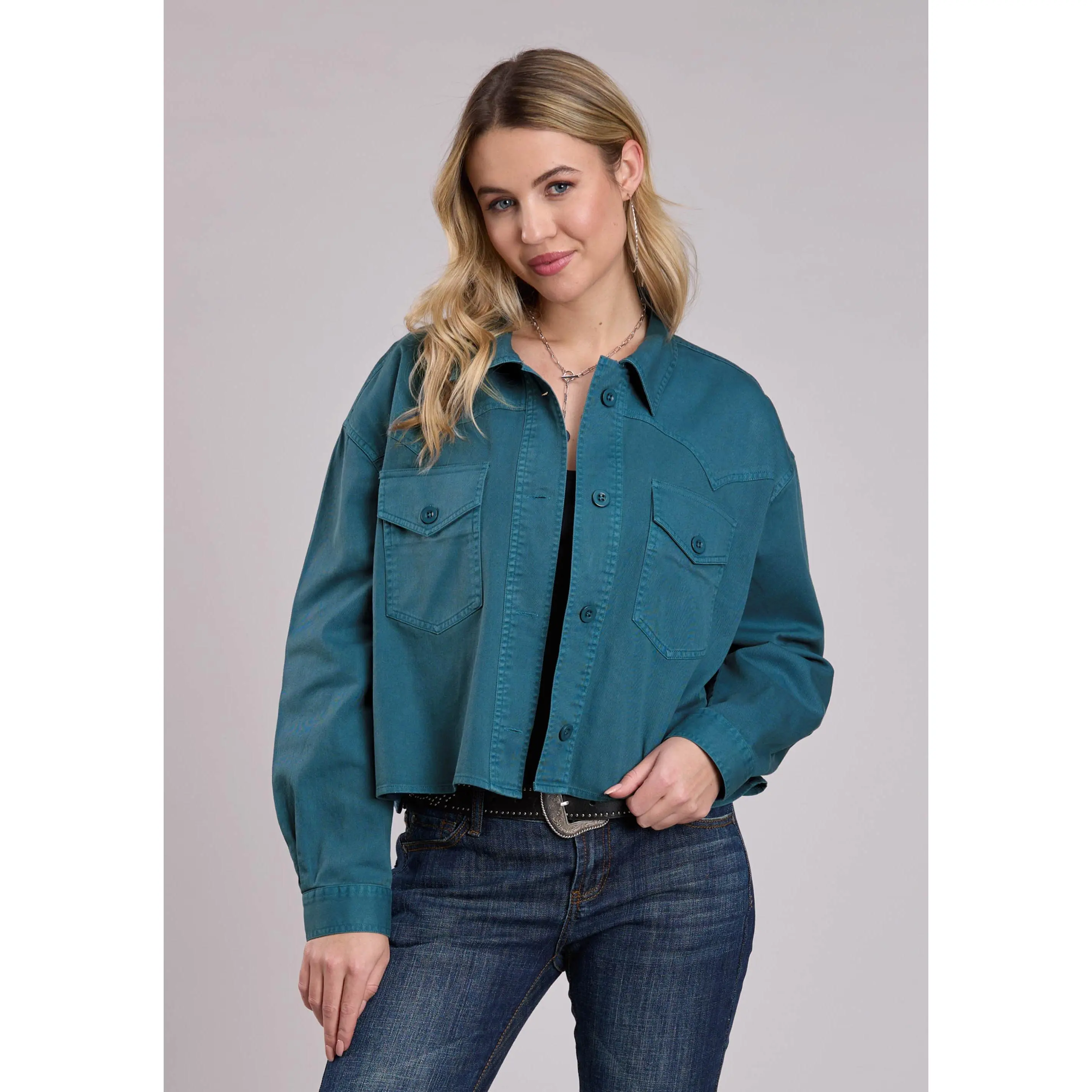 Womens Jacket Button Turquoise Pigment Dyed Crop Jckt Western Jacket