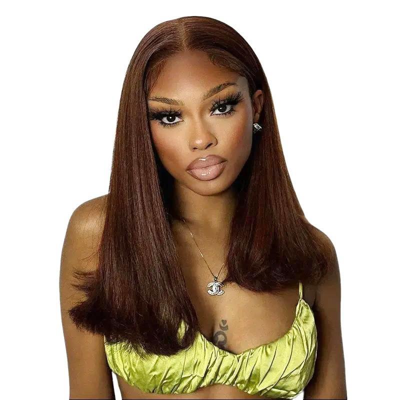 Arabella Designer Style 6x5 Glueless Frontal Lace Long Bob Wig 99J# Burgundy Red Blunt Cut Super Silky Straight Grab to Go Human Hair Lace Closure Wig