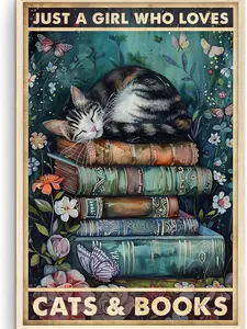 Just a Girl Who Loves Cats & Books Poster - Book Wall Art, Reading Decor, Library Art Print, Vintage Book Decor, Cat Lover Gifts, Bookish Wall Art, Living Room Home Decor, UNFRAMED