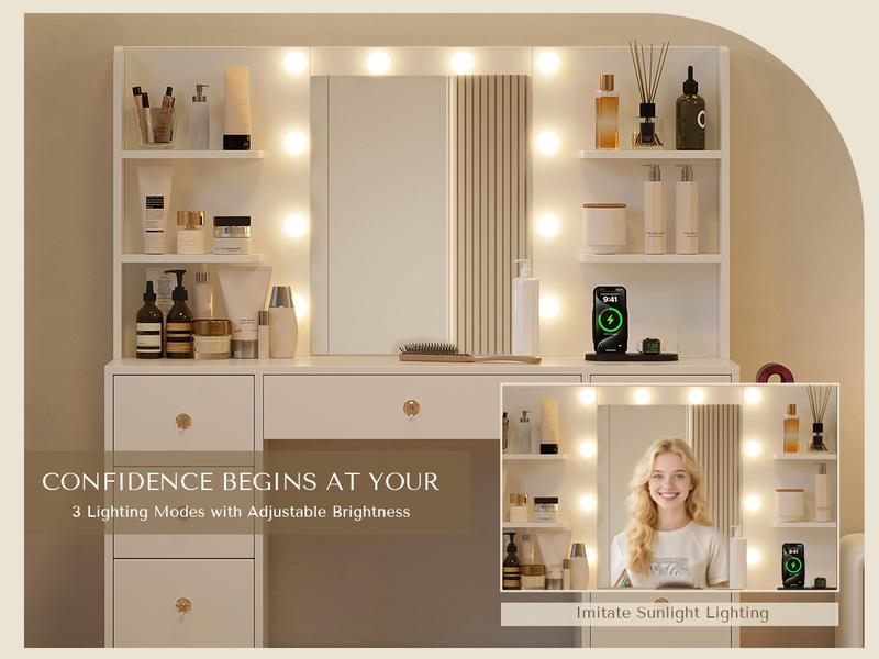 [New Year Deals] Vanity Desk with Mirror Lights 9 Drawers 6 Storage Shelves Dressing Table Power Outlet 3 Color Modes 10 LED Bulbs for Girls Bedroom,Gift for Daughter, Wife & Mom – Girls Bedroom Essential