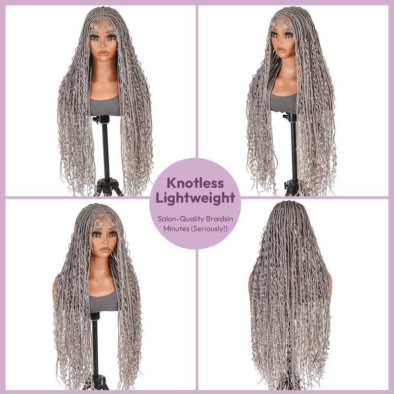 SuperNova #Gray 36" Full Lace Bohemian Box Braided Synthetic Wig, Premium Quality, Lightweight, Ideal for Stylish Hair Transformation