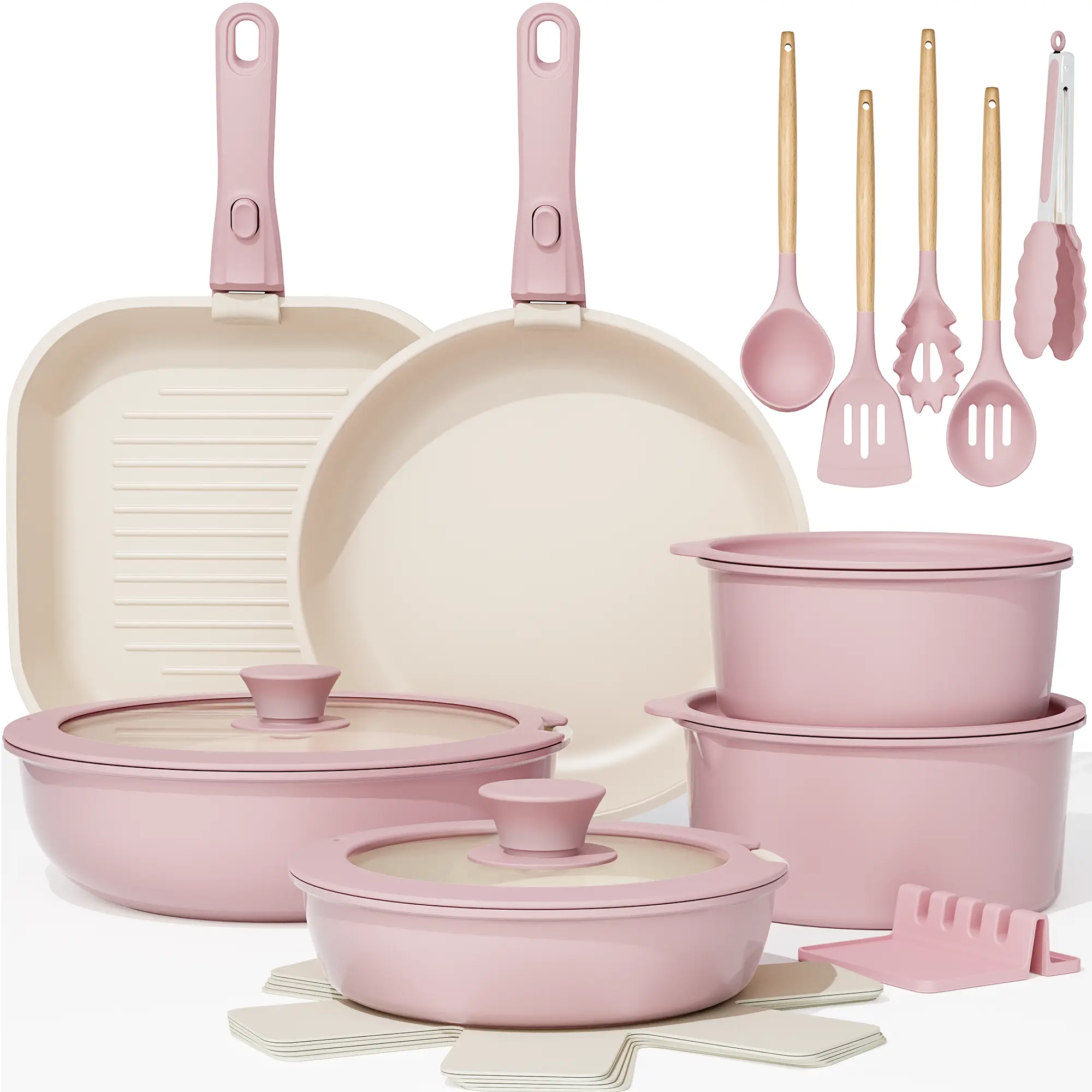 Astercook 22PCS Ceramic Nonstick Cookware Set, Pots and Pans with Lids, Detachable Handle, Steak Frying Pan & Egg Pan, PFOA-Free, RV Kitchen Cooking Aluminium