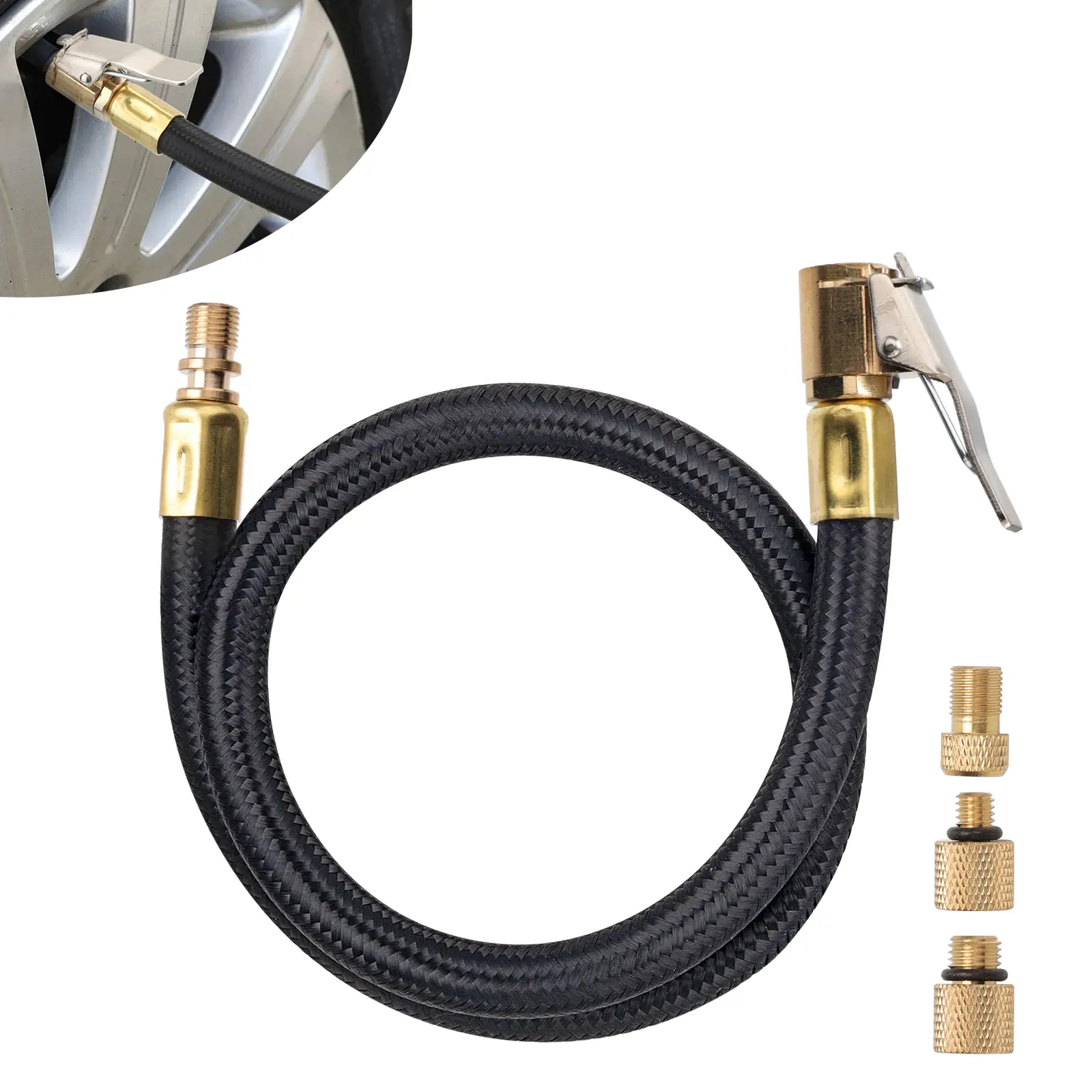 24" Tire Inflator Extension Tube - Flexible Clamp-On Hose With Valve,Tyre Pump Quick Inflation Chuck Adapter Hose,Quick-Inflation Clip Connector,for Cars,Motorcycles,Automotive repair kit