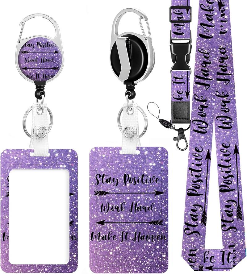 ID Badge Holder with Adjustable Lanyard, Retractable Badge Reels with Belt Clip, Vertical ID Card Protector for Women Nurse Doctor Teacher Student(Positive Quote)