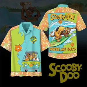 Scooby Doo Mystery Machine Surfing Retro Floral Hawaiian Shirt Fan Merch Streetwear Casual Loose Comfortable Spring Summer Fall Gym Sports Cartoon Lover Gift Nostalgic Vintage Style Buttondown Top