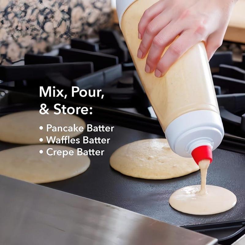 Pancake Batter Dispenser 2-in-1 Mixer Bottle with Stainless Steel Whisk Ball Easy-Pour Silicone Spout Reusable Kitchen Utensils for Pancakes Waffles Crepes and More - Smooth