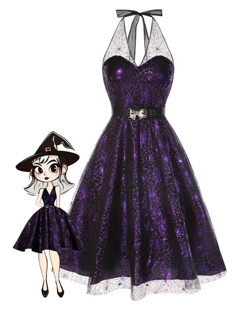 RETRO STAGE Women's 1950s Vintage Laser Mesh Cutout Halter with Spiderweb Design Halloween Gothic- Sleeveless Purple Elegant Fashion, Cutout Halter Dress, Elegant Fashion Dress, Casual Dresses