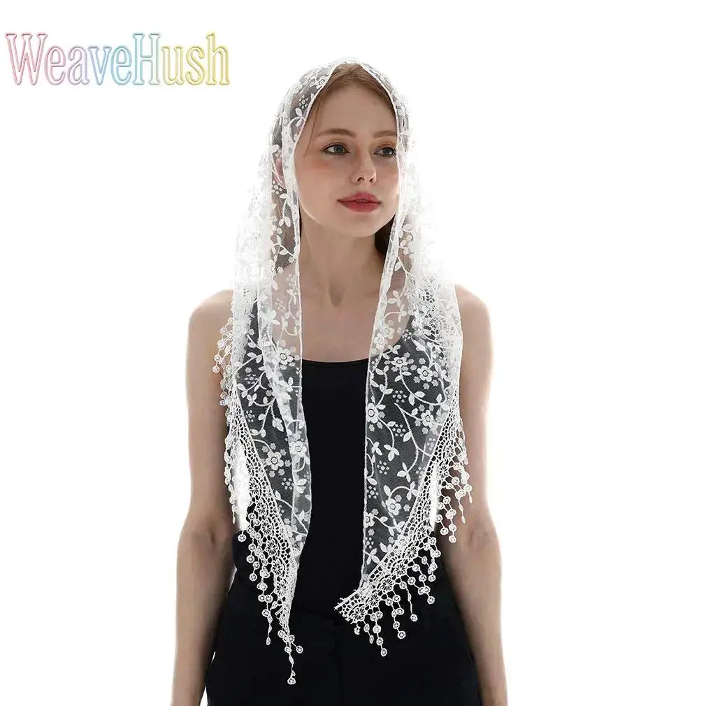 Triangle Lace Mantilla Veil, Sheer Tulle Scarf Covering Head Wrap, Elegant Catholic Church Veil for Mass, Classic Bridal Headpiece, Triangle Lace Veil for Wedding Bridesmaids Formal Religious Occasions