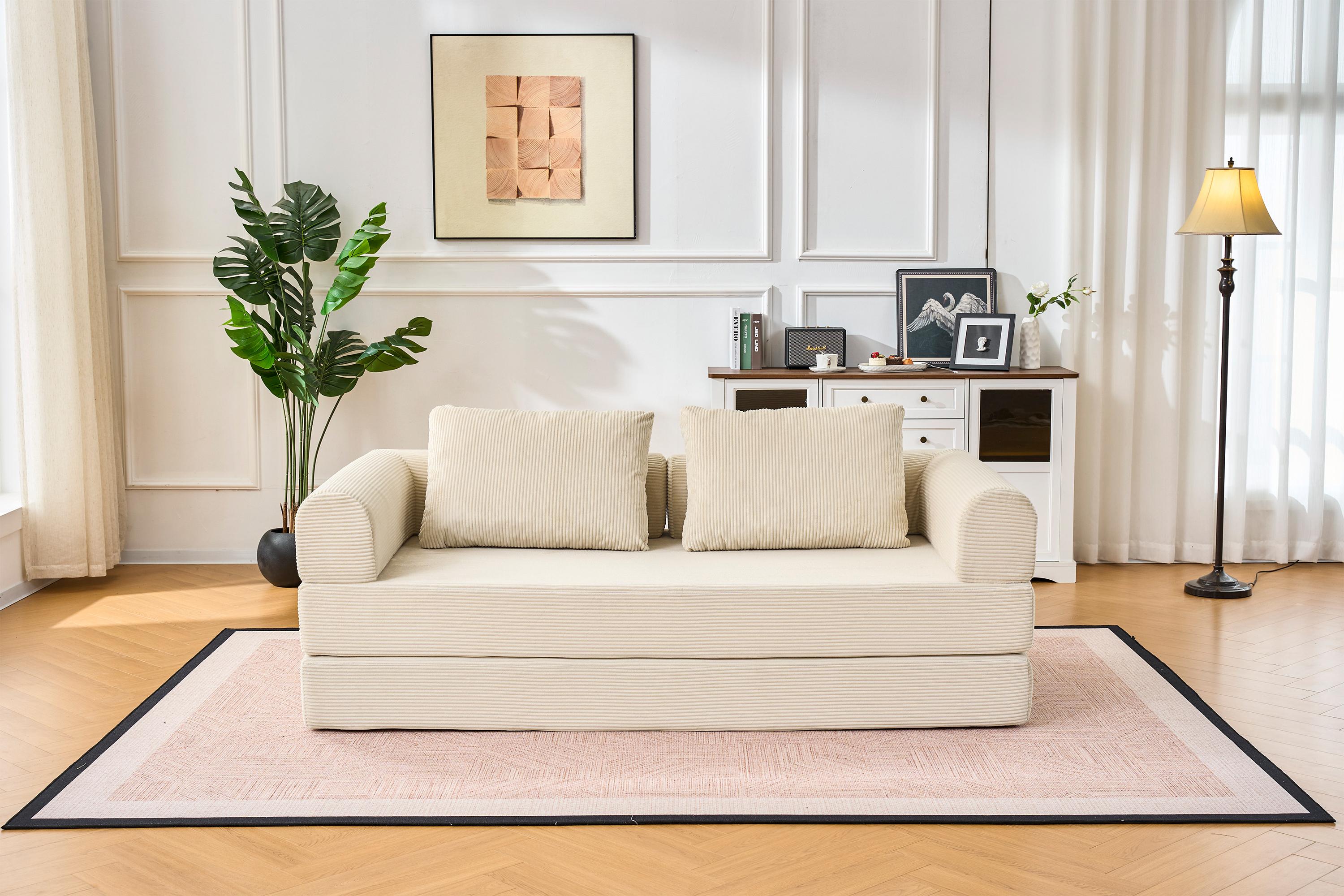 79" Oversized Boneless Sleeper Sofa: 5-in-1 Convertible Couch Bed with Fixed Frame & Cylindrical Pillow. Ultimate Foldable Corduroy Futon for Living Room & Studio (Orange)