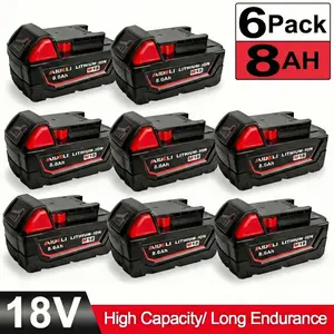6-Pack M18 18V 8.0Ah Lithium-Ion Replacement Battery for Milwaukee Cordless Tools | Compatible with 48-11-1890, 48-11-1850, 48-11-1828, 48-11-1820, 48-11-1815 capacity replacement High 20v easy cut