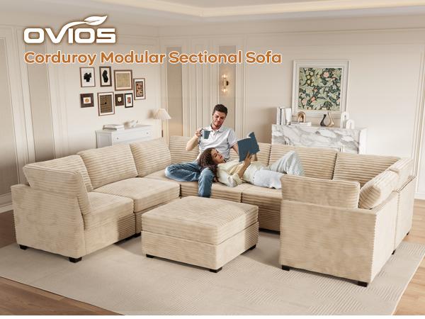 【8 Packages Shipping】Ovios 130.7" Modular Sectional Sofa Couch, U-Shaped Minimalist Couches with Sofa Bed Chaise, L-Shaped Modern Deep Seat Cloud Plush Corduroy Sofas with Ottoman Set for Living Room, 8 Seater