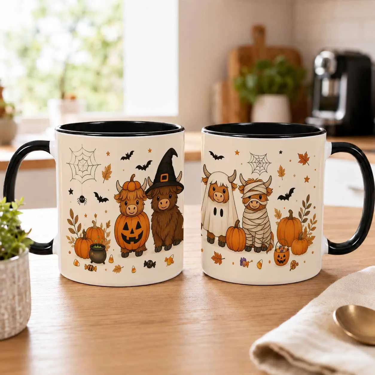 Halloween Highland Cow Mug (11oz/15oz)， Spooky Cute Farm Animal Pumpkin Witch Mummy Print， Ceramic Dishwasher Safe Microwave Friendly Tea Coffee Cup， Perfect Fall Decor Birthday Present Office Gift Holiday Party Favors