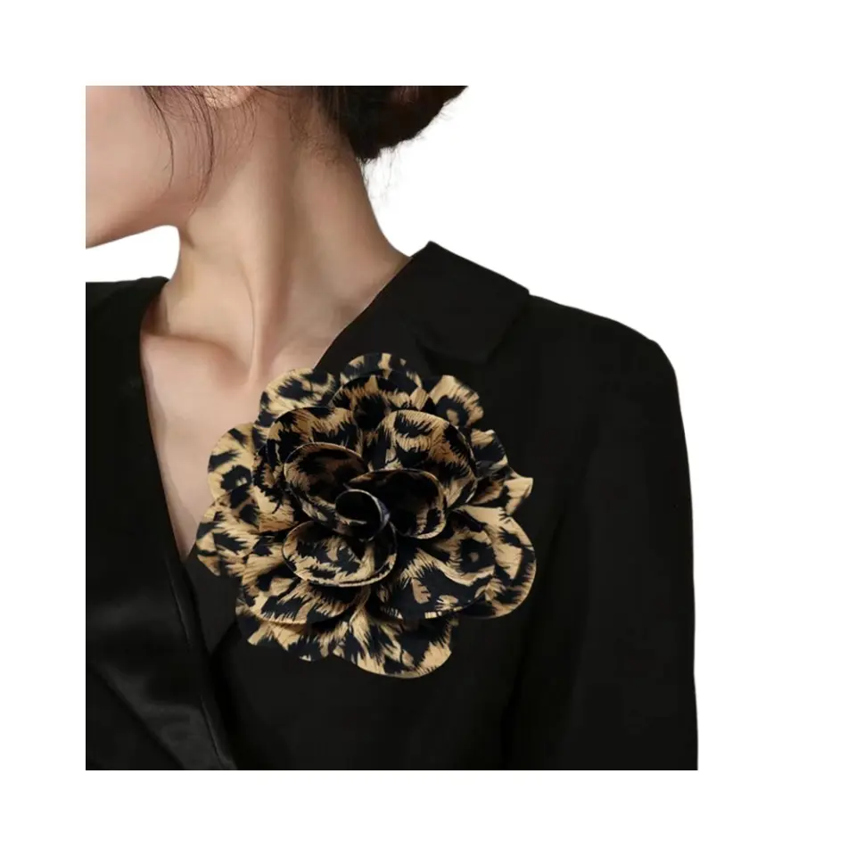 Vintage Leopard Print Fabric Camellia Brooch, Satin Chiffon Easy Sew-On Applique for Clothing, Formal Wear Fashion Accessory