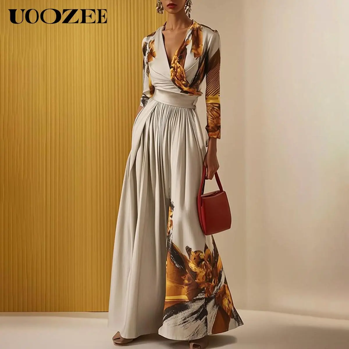 UOOZEE Women's Sleeveless Minimalist Floral Print Overalls - Classic Style, Elegant V-Neck, Waist Cinch, Slimming Snap-Closure, Breathable Stretch Spandex Blend Wide-Leg Jumpsuit, Apricot Daily All-Season Wear, Lady, Casual, Machine Washable, 2Xl(14), But