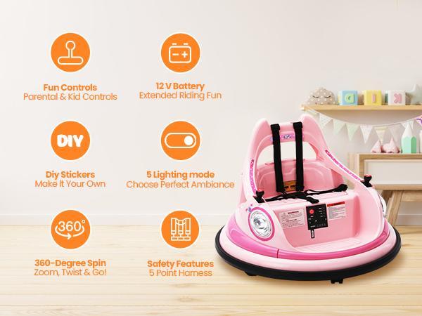 Sophia&William Bumper Car for Toddlers, 12 V Electric Ride On Car for Kids w/Parent Remote Control, 360° Spin, LED Lights & Music,DIY Stickers, for Boys & Girls