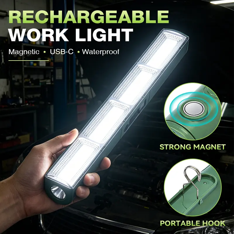 Qawtor Rechargeable LED Work Light - 168 Super Bright LEDs, 4000mAh Magnetic Portable Light with Magnetic Hook, USB Charging, Type-C, 5 Modes, Red/Blue Emergency Strobe, LCD Display, Hidden Hook, Power Bank for Car Repair, Camping