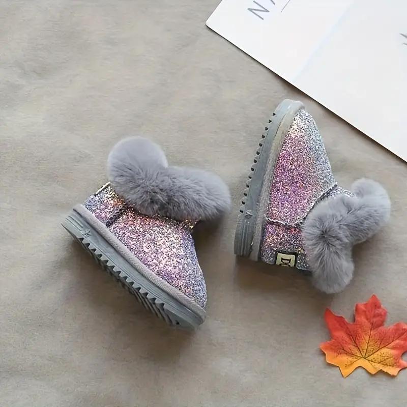 Baby Girl Sparkly Snow Boots with Fleece-Lined Thickened Soft Sole, Glittery Pink Low-Top Winter Shoes with Heart Pom-Poms & Closure for Toddlers Infants Outdoor Play, Cute Cartoon Pattern Winter Boots zipper