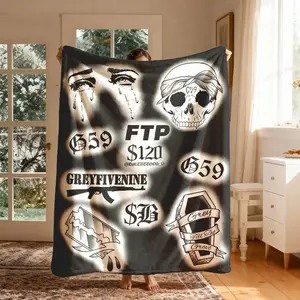 G59 Black Skull Hip-Hop Flannel Blanket, large size, soft, lightweight and warm, perfect for bed, sofa, office, camping, traveling, the best spring flannel gift