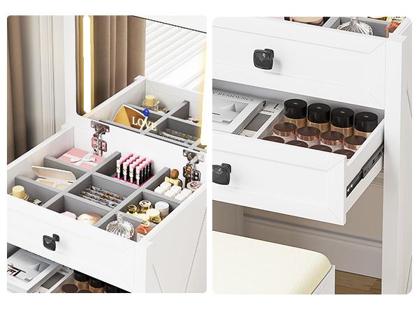 Miu Farmhouse 3 in 1 Vanity with Mirror, 3-Color Adjustable Lighting, Cushioned Stool for Bedroom Organization & Beauty Routines