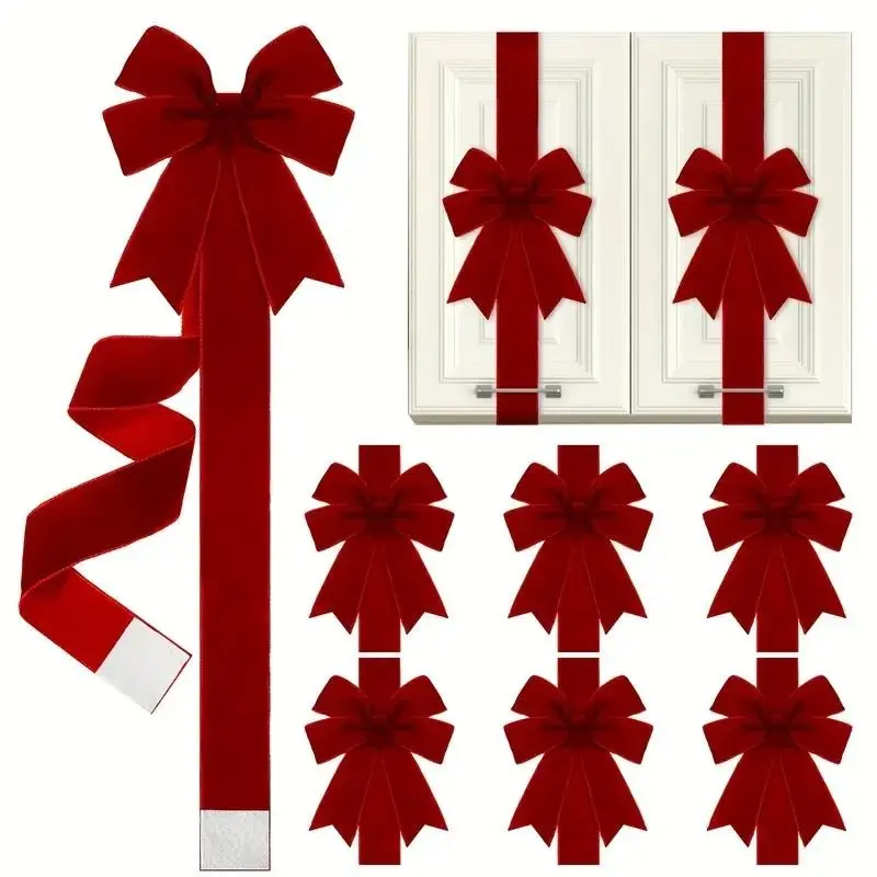 Polyester Wine Red Velvet Christmas Cabinet Door Bows & Ribbons (4/6/8 Pieces) - Large Elegant Christmas Decor for Gift Packaging, Kitchen Furniture, Party Decorations - No Electricity Needed Garland Ribbon