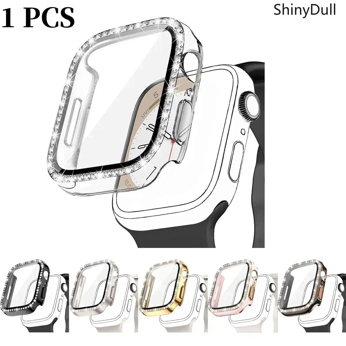Apple Watch 2-in-1 Case with Rhinestone – Ultra-Thin Tempered Glass Screen Protector, Anti-Fall, 38-46mm, Series SE/11/1-10, Accessories, Protection