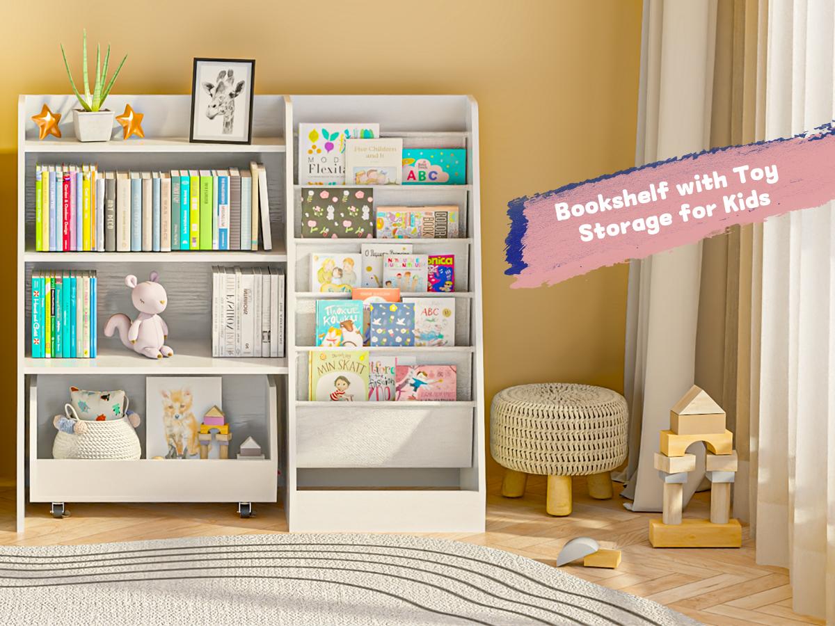 4-Tier Rolling Toy Storage Cabinet for Kids, 5 Layer Sling Toddler kids furniture,Baby Furniture Book Rack,Book and Toy Organizer Cabinet  with Wheels , White.