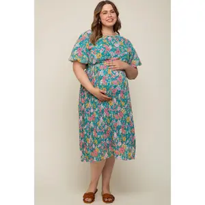 Teal Floral Pleated Maternity Plus Size Midi Dress