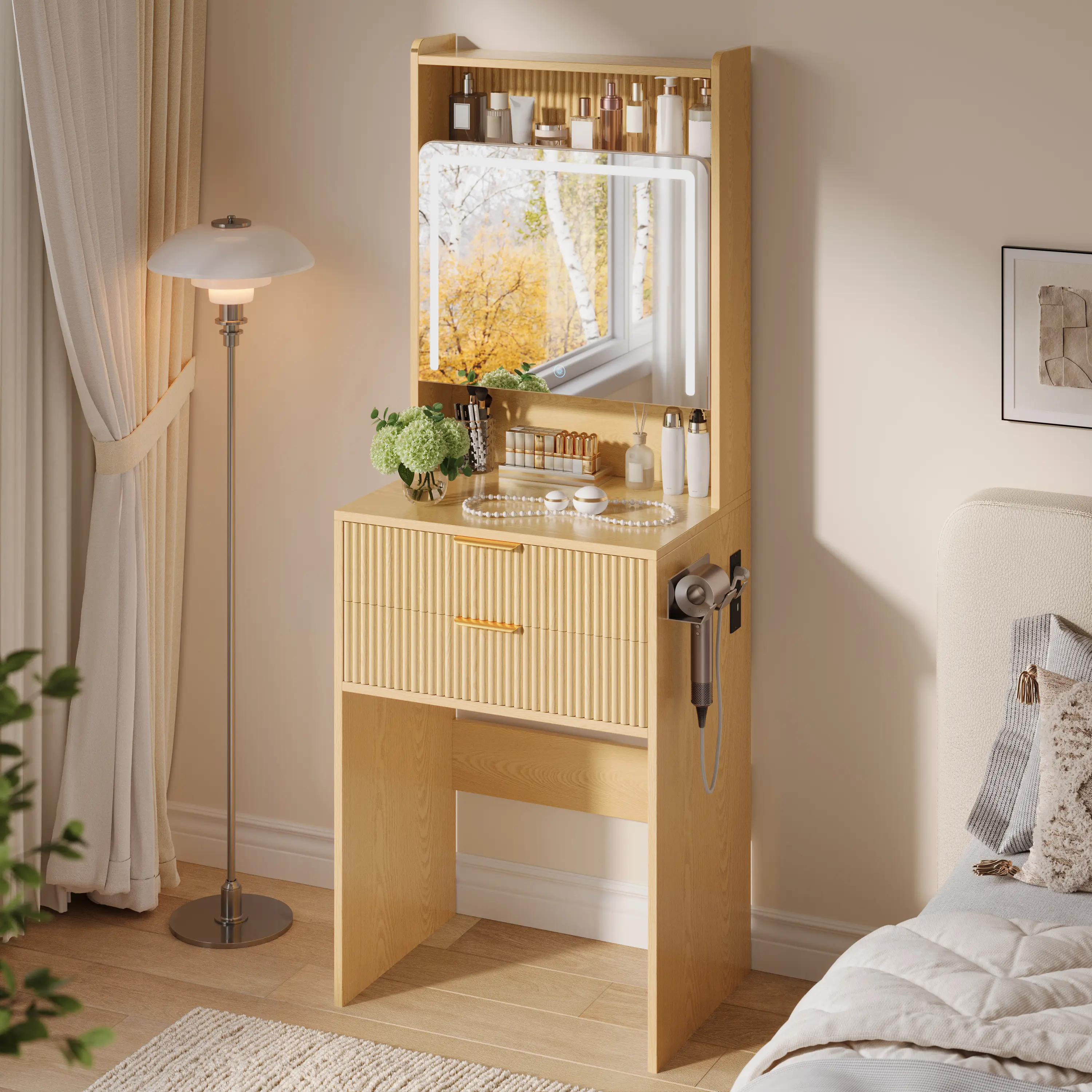 TOKSOM 3 in 1 Small Vanity Desk with Mirror and Three Types of Lights,Make up Vanity with Drawers and Storage,Modern Floor Vanity ，21.6x15.7x59.5 in Teen Gift Girl Rooms Furniture,Vanity Set with LED Lights and Power Outlet,Bedroom or Dorm/Best Gift Ideas