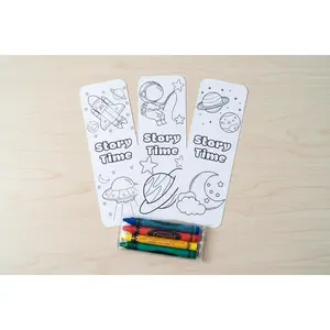 Outer Space Astronaut Spaceship Planets Story Time Coloring Bookmarks with Crayons Kit - Set of 3 - 2" x 6" Rounded Corner Bookmarks