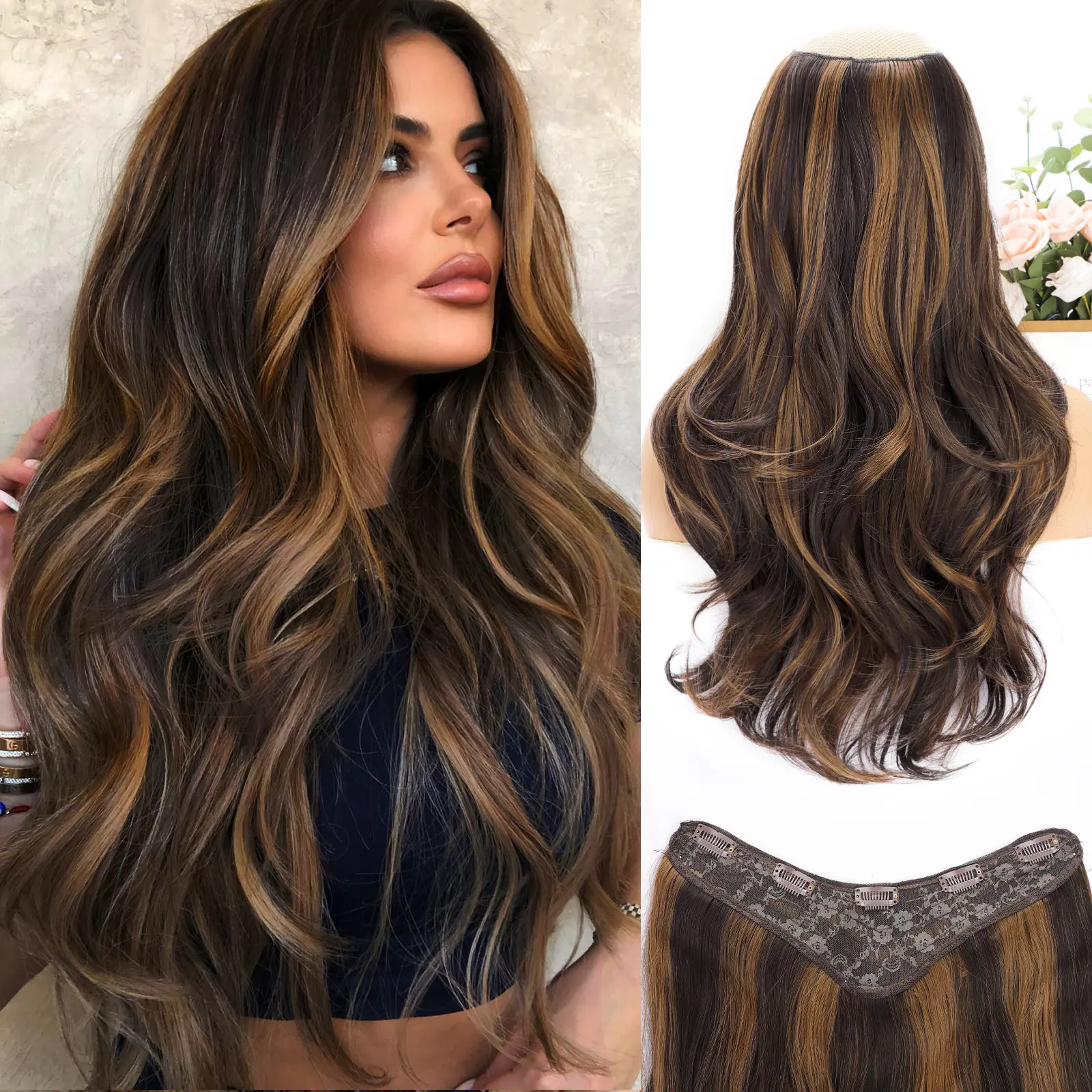 HIUSVO Clip in Hair Extensions, Long Wavy Layered Synthetic Hair Extensions for Women  Invisible Wire Hair Extensions Soft Hairpieces 20Inch/16Inch