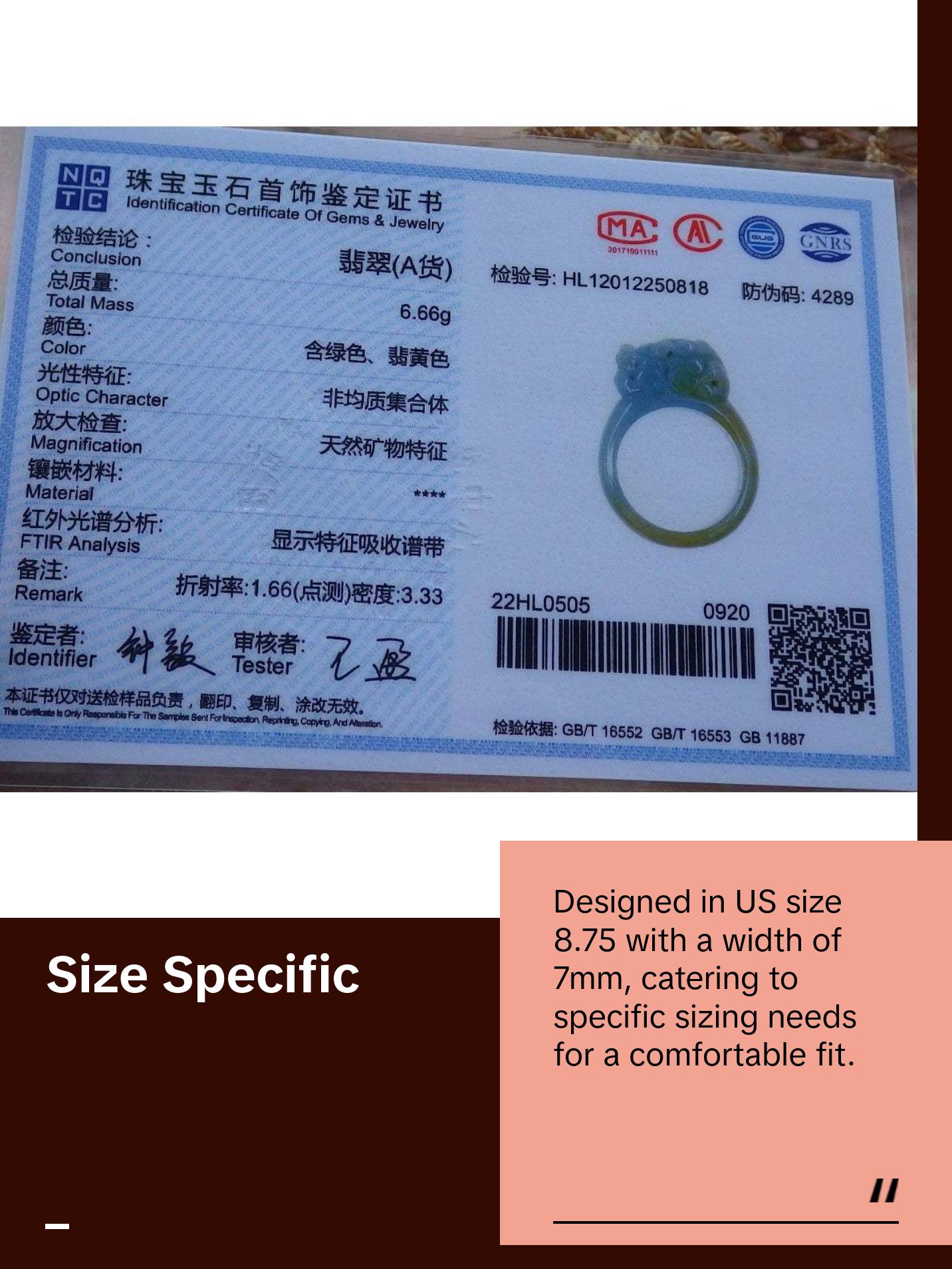 Certified Hand Carved Blue Water Green Yellow Natural Myanmar Burma A JADE Jadeite Dragon Pi Xiu Ring US 8.75