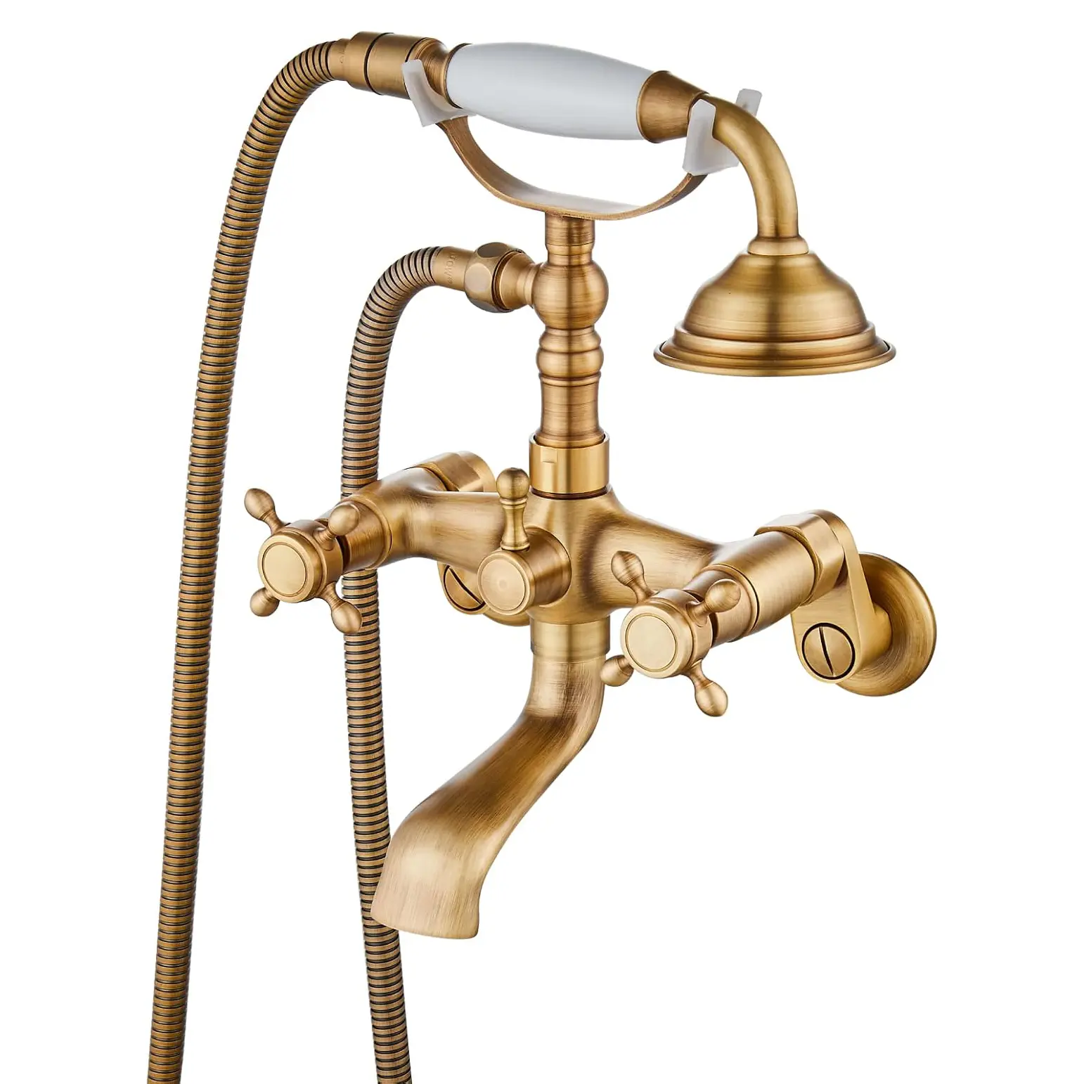 Vintage Antique Brass Finish Dual Handle Wall-Mount Tub Taps - 2-Function Faucet with Handheld Sprayer, Cross Handles, Hot & Cold Swivel Spout, Telephone-Shape Shower Kit, Adjustable 1/2 NPT Adapter, Hose Attachment, All Hardware Accessories, Body, Manual