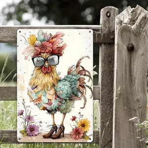 Colorful Rooster Decor with Boots and Glasses for Farmhouse and Kitchen Walls 8x12 Inches