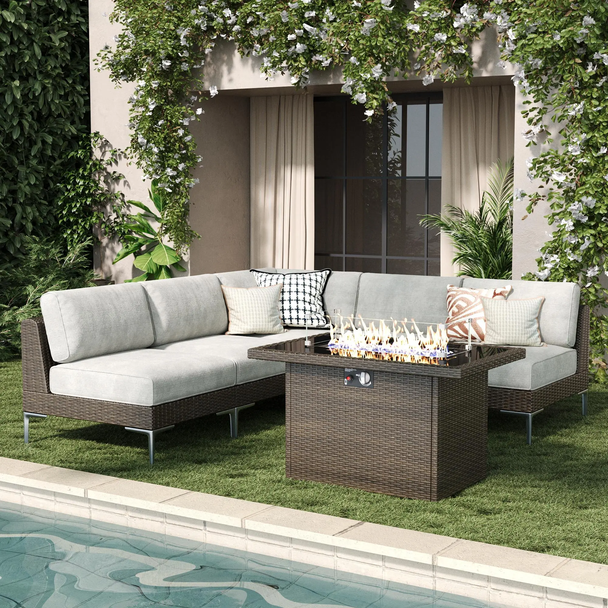 LayinSun 6-Piece Outdoor Modular Wicker Sectional Sofa Set with Fire Pit Table, Patio Furniture Conversation Set with Deep Seating and Thick Cushions, Multiple Packages