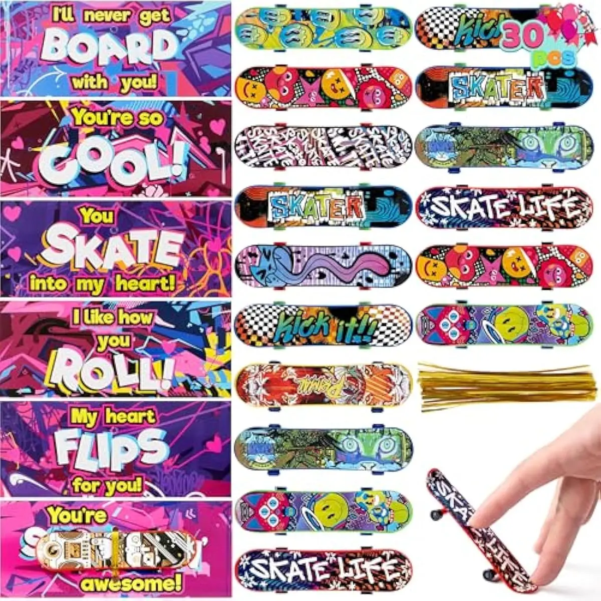 30 Packs Valentine's Day Mini Finger Skateboards with Cards, Classroom Exchange Gift for Kids, Kids Toys Party Favor, Classroom and Holiday Reward Prizes