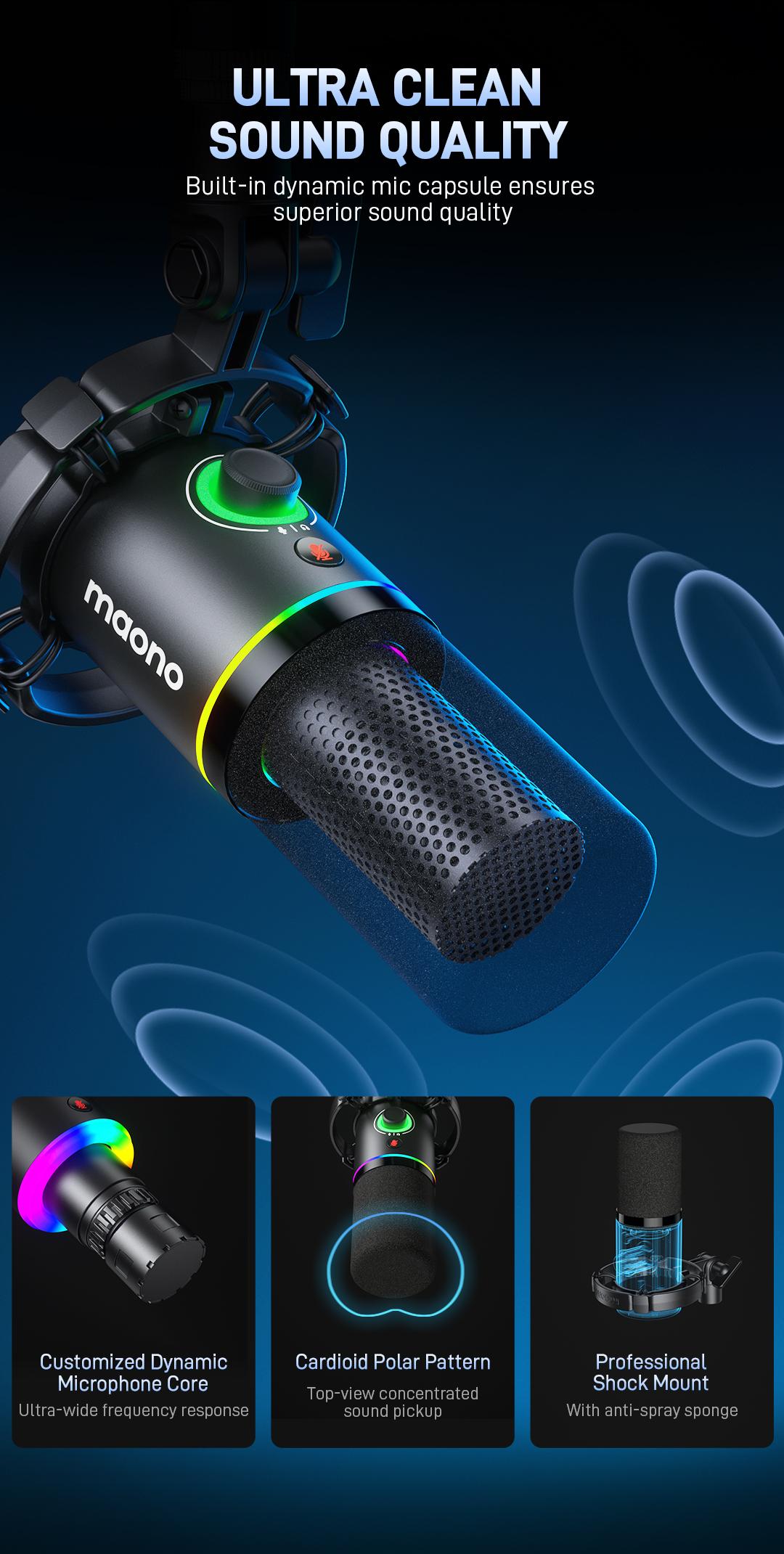 Maono PD200X Dynamic RGB Gaming Microphone with USB & XLR Cable Connectivity, Mute button, noise reduction, zero latency, widely compatible with computers, PC, Mac, Android /iOS smartphone, audio mixer, friendly for Singing, Gaming, Podcasting, Recording.