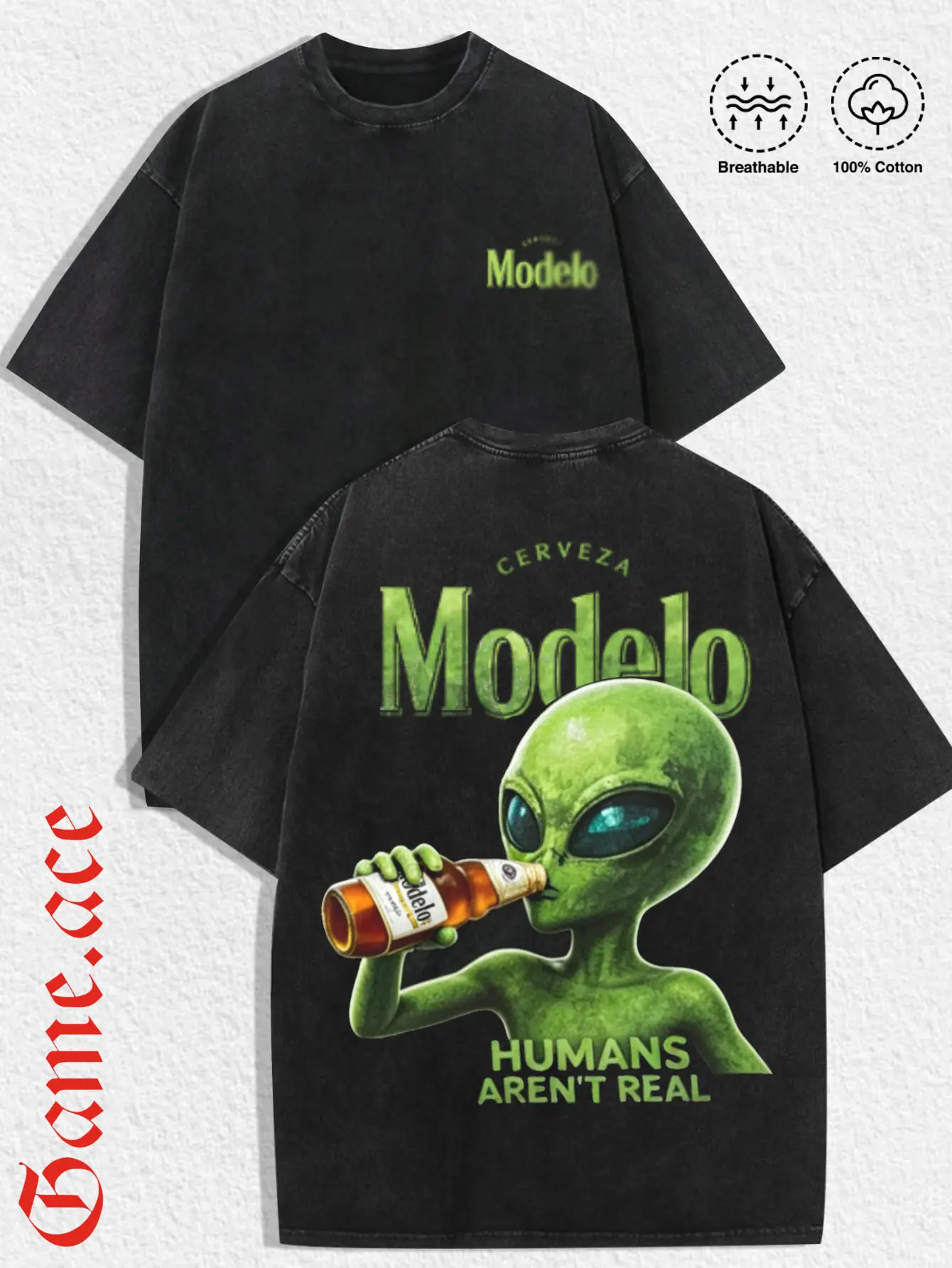 1 PCS  "Humans Aren't Real" Alien Drinking Beer Graphic Print, Retro Sci-Fi Beer Streetwear, 100% Cotton Breathable Unisex T-Shirt, Ideal for Daily Wear & Quirky Alien Fans