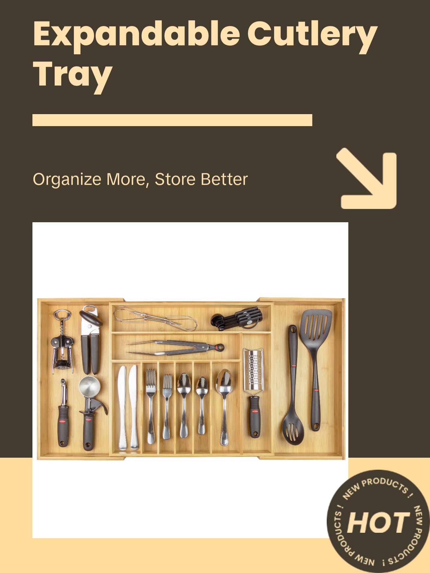 Premium Silverware, Flatware and Utensil Organizer for Kitchen Drawers, Food-Safe Contract Grade, Expandable from 18 to 33 In, Natural Bamboo Boxes Adjustable
