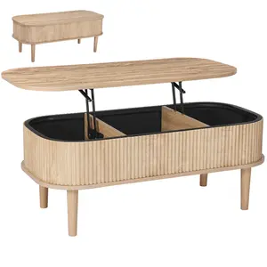 VEVOR 39.4 in Lift Top Coffee Table, Fluted Oval Coffee Table with 3 Hidden Compartment, Mid Century Wooden Oval Center Desk with Storage, Lift Up Tabletop for Home & Office, Easy Assembly, Burlywood