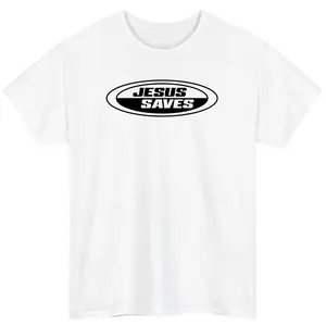 Jesus Saves Y2K Aesthetic T-Shirt – Minimalist Christian Oval Logo Streetwear Tee, Retro Faith Graphic Shirt, Unisex Cotton Casual Christian Apparel