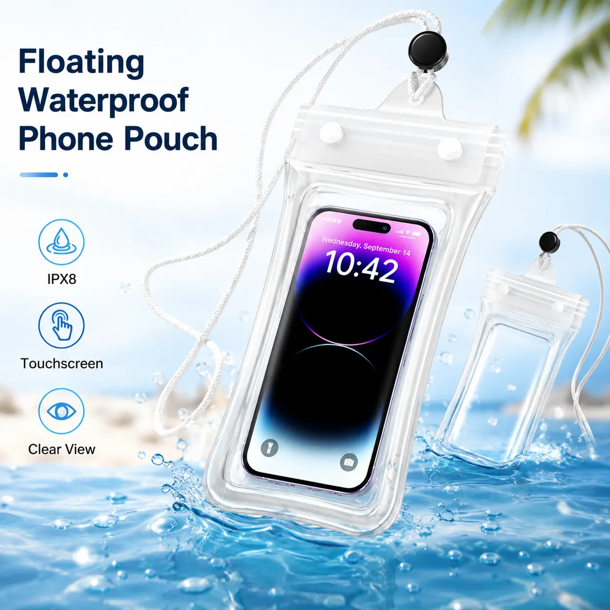 Floating Waterproof Phone Pouch, Transparent PVC Case for Swimming, Boating & Water Sports, IPX8 Rated with Touchscreen Access & Adjustable Lanyard, Secure Seal