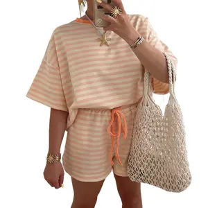 Znacicc Women's Pink Stripe Tee & Drawstring Shorts Set Relaxed Fit Comfortable Shorts with Pockets Ideal for Vacation and Cute Everyday Looks - Clothes, Womenswear