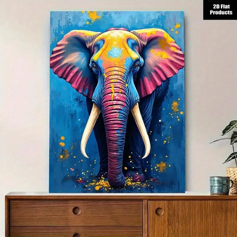 1pc Modern Farmhouse 2D Rectangular Elephant Motif Wall Art Decor - Teal Blue & Turquoise Abstract Wrapped Canvas Print with Vibrant Pink,Yellow,Orange,Purple,Black,White,Golden,Brown,Gray,Beige Hues, No Outdoor Use Indoor Bedroom Statement Home Decor