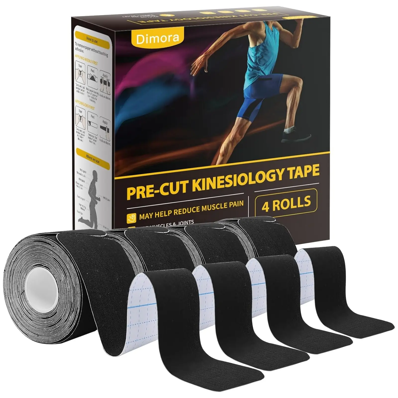 Dimora Kinesiology Tape 4 Rolls, Elastic Cotton Sports Bandage, 16.4 FT Extra Long, 80 Pre-cut Tapes, Breathable & Sweatproof, for Muscle Pain Relief and Joint Support, Sports Special Muscle Bandage tiktokshopbacktoschool
