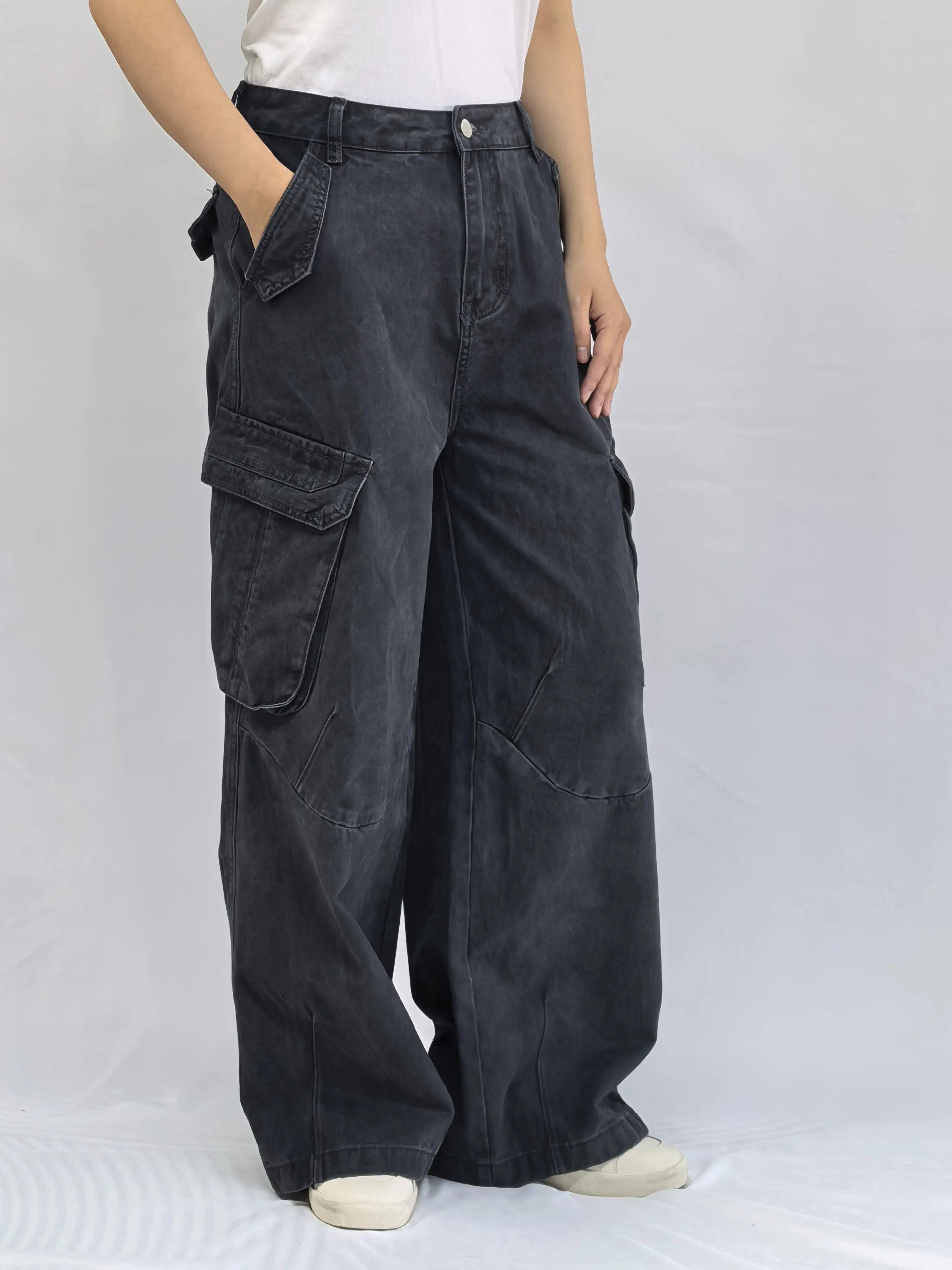 Lux Lee Women's 100% Cotton High Waist Loose Cargo Jeans - Dark Gray, Oversized Pockets, Pull-On, Streetwear Casual Chic Everyday Fashion Bottoms, Chic Jeans