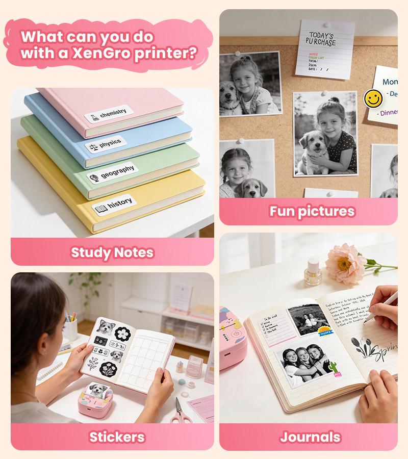 [CrazyThursdayLIVE] XenGro Mini Sticker Bluetooth Printer included 3 Roll label Thermal Pocket Printer,Inkless Portable Printer B&W Printing Only for Study Notes, Photos, Memos, Lists, Journals Printing Machine Sticky Label, Birthday Gifts for Girls Boys
