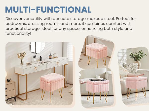 Sweetcrispy Store-Vanity Stool Chair with Storage, Ottoman Faux Fur Soft Padded Makeup Footstools Seat with 4 Metal Legs Anti-Slip Adjustable Feet